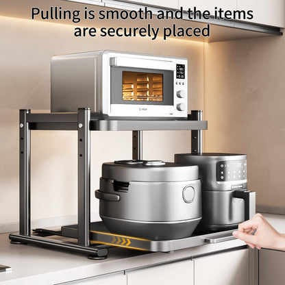PureBox Adjustable Height Microwave Stand, Heavy Duty Metal Kitchen Appliance Shelf with Slide Out Storage for Air Fryer, Coffee Maker & Small Appliances