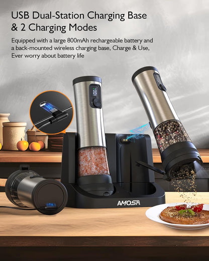 Skiennix Electric Salt and Pepper Grinder Set - Upgraded 2-Speed, Adjustable Coarseness, Rechargeable Stainless Steel Mill with LED Light