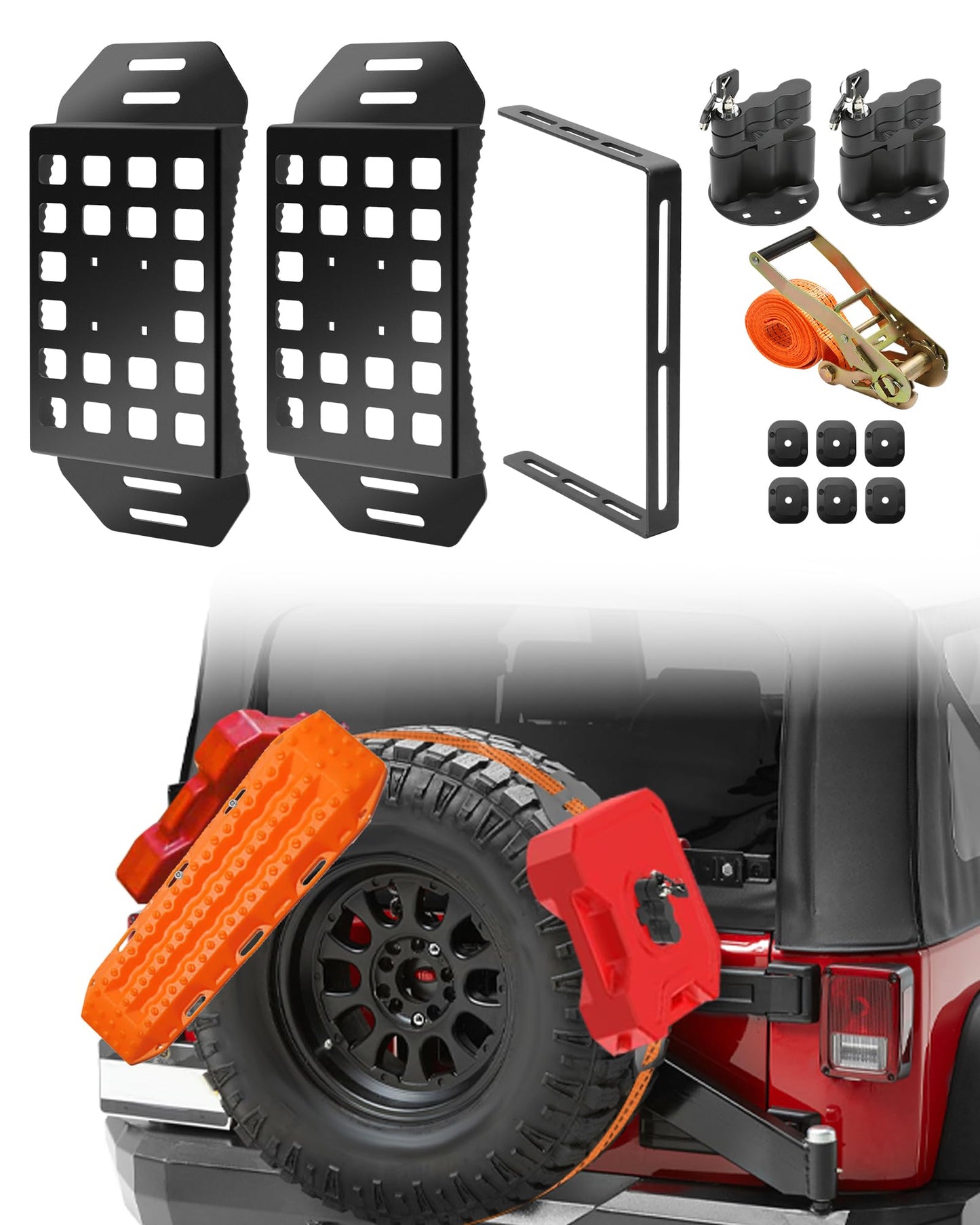 Krysolad 2 Pcs Lockable Universal Quick Release Spare Tire Mount with Ratchet Strap, Molle Panel Tire Mount with Oil Drum Lock and Vehicle Tow Plate Mount, Steel, Fit for 30" - 40" Diameter Tires