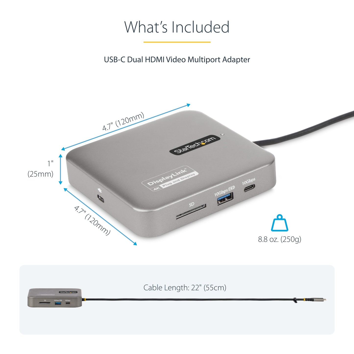 StarTech.com 7-in-1 USB C DisplayLink Dual Monitor Docking Station, 4K 60Hz HDMI Dock for MacBook M1 M2 M3 M4 & Windows, USB 10Gbps Hub, Gigabit Ethernet, SD, 100W PD, 22in (56cm) Cable