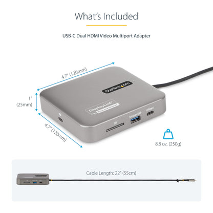 StarTech.com 7-in-1 USB C DisplayLink Dual Monitor Docking Station, 4K 60Hz HDMI Dock for MacBook M1 M2 M3 M4 & Windows, USB 10Gbps Hub, Gigabit Ethernet, SD, 100W PD, 22in (56cm) Cable