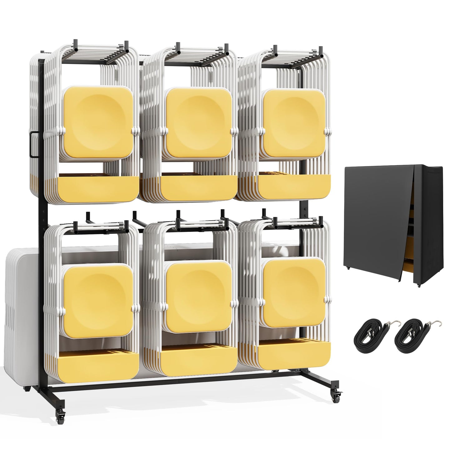 Folding Chair Rack, Holds 84 Chairs or 12 Tables, Easy to Assemble Folding Chair Cart on Wheels,Includes Dust Cover, Elastic Cords
