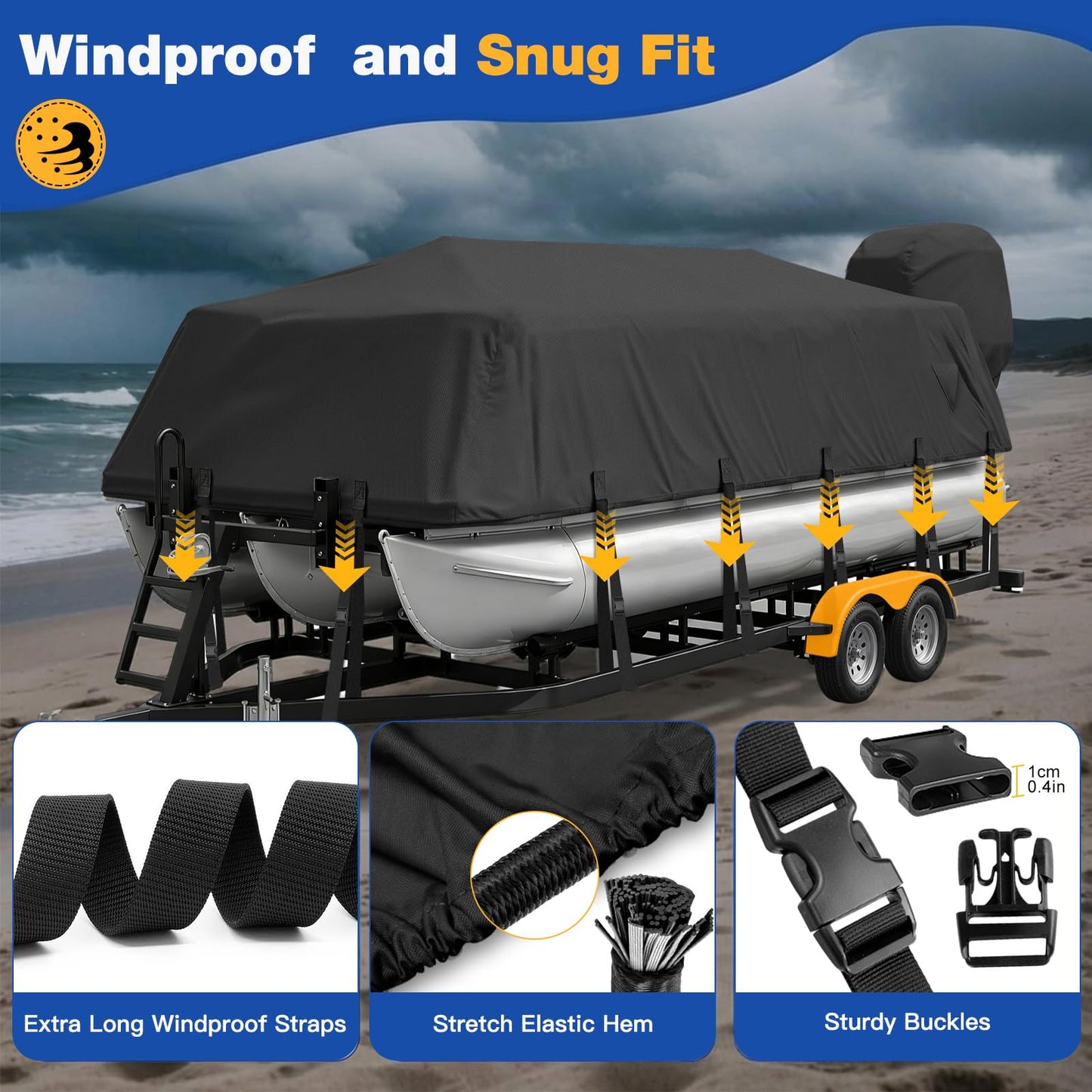 YimSting Pontoon Boat Cover 24-27 ft, 1200D Heavy Duty Waterproof Pontoon Cover with 18 Straps, Elastic Hem & Motor Cover, Fits 24 ft 25 ft 26 ft 27 ft Pontoon Boats Up to 8.5 ft Beam, Black