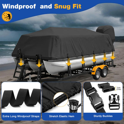 YimSting Pontoon Boat Cover 24-27 ft, 1200D Heavy Duty Waterproof Pontoon Cover with 18 Straps, Elastic Hem & Motor Cover, Fits 24 ft 25 ft 26 ft 27 ft Pontoon Boats Up to 8.5 ft Beam, Black