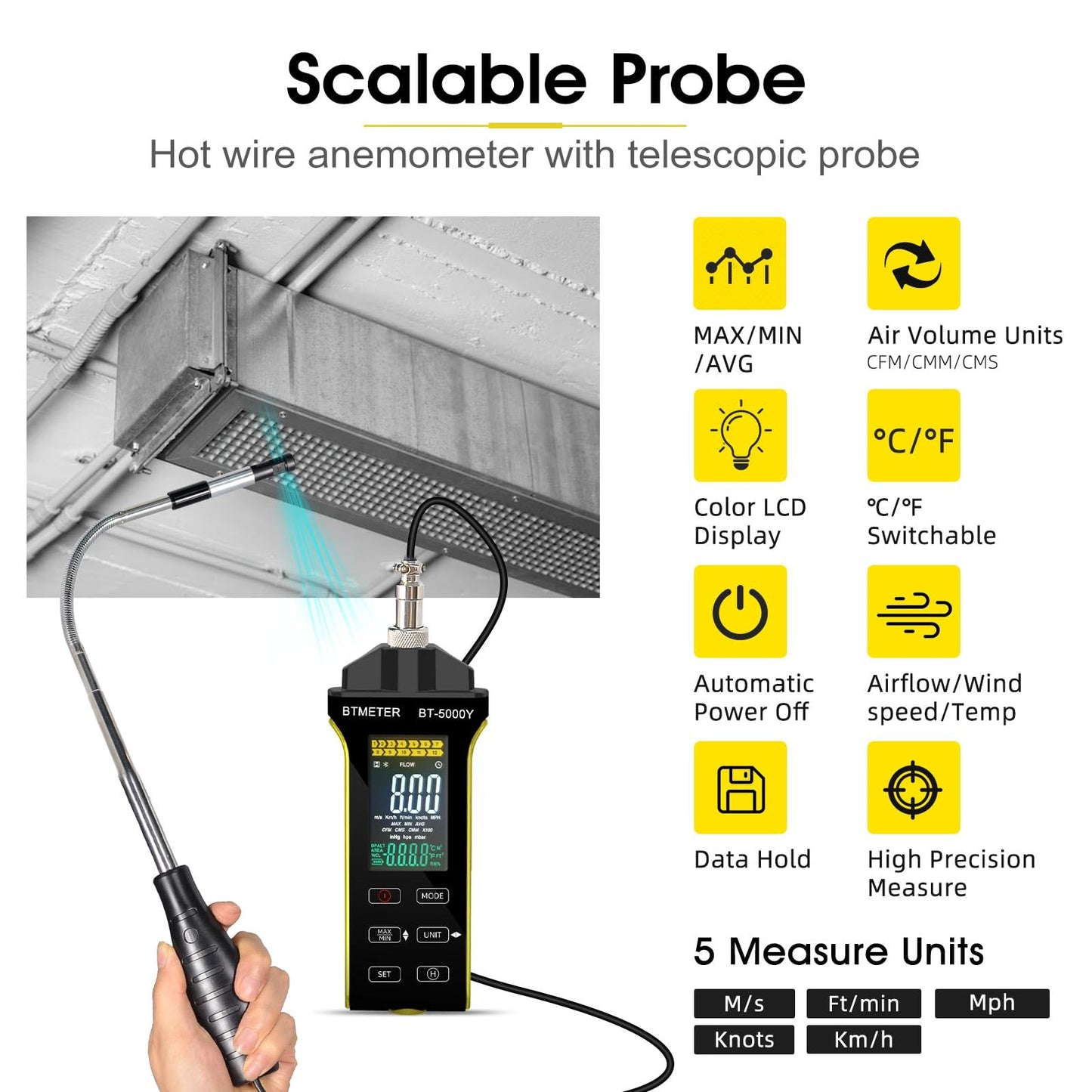 BTMETER Hot Wire Anemometer - CFM/CMM Digital Air Flow Meter, Wind Speed Meter Measure 0.2~67Mph, Thermal Anemometer with 360° Revolve Telescopic Probe for HVAC Duct Air Vent BT-5000Y
