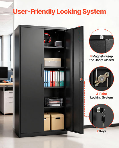VEVOR Metal Storage Cabinet, Lockable Steel Garage Cabinet with Magnetic Doors and Adjustable Shelves, 2 Keys, 5-Tiers Tall Tool Locker for Home, Office, School, Pantry, Warehouse, Laundry, Black