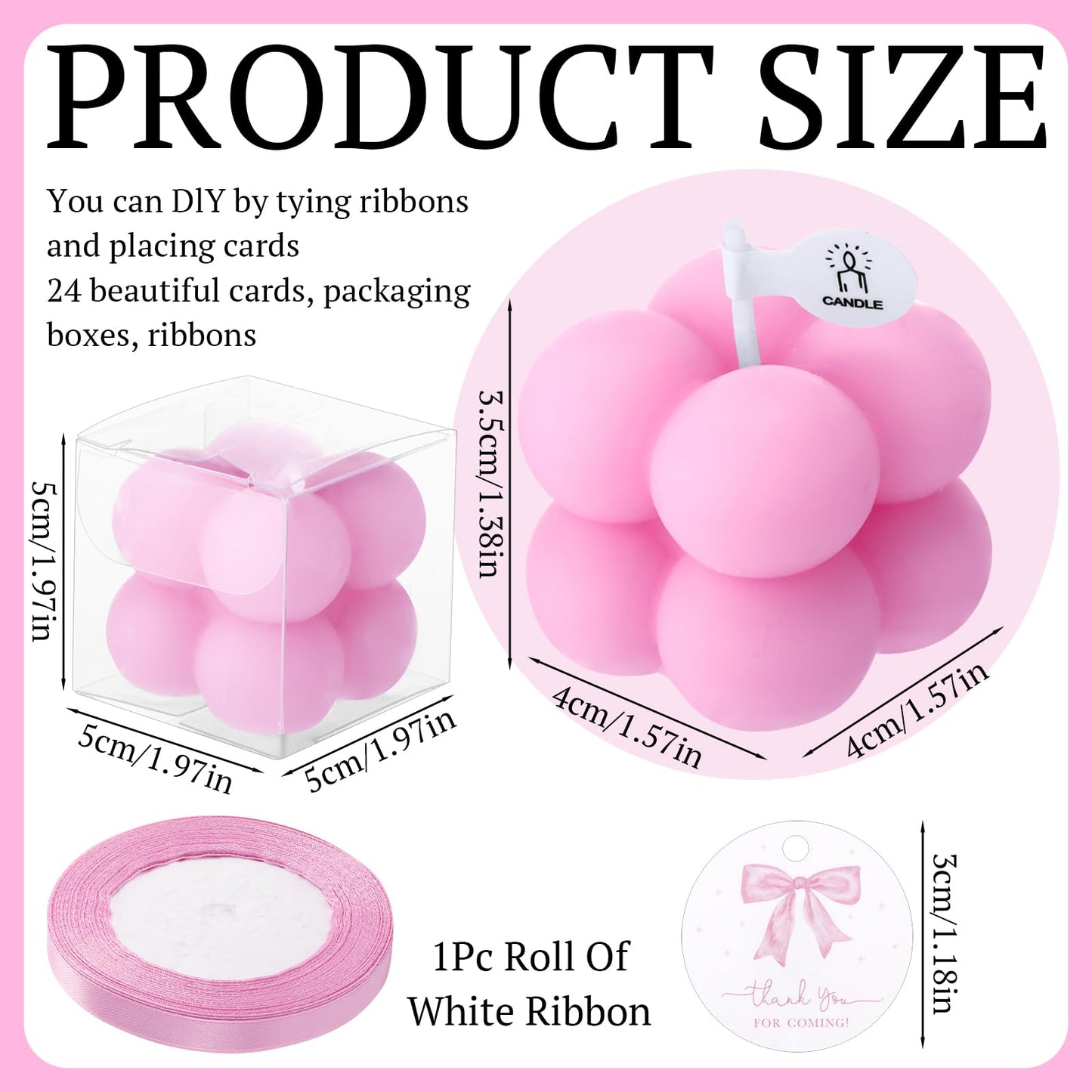 MTLEE 24 Sets Pink Bow Party Favors Small Bubble Candle Baby Shower Favors for Guests Tea Candles Bulk with Stylish Ribbons Cards Gifts Party Decoration(Bright Pink,Bow)