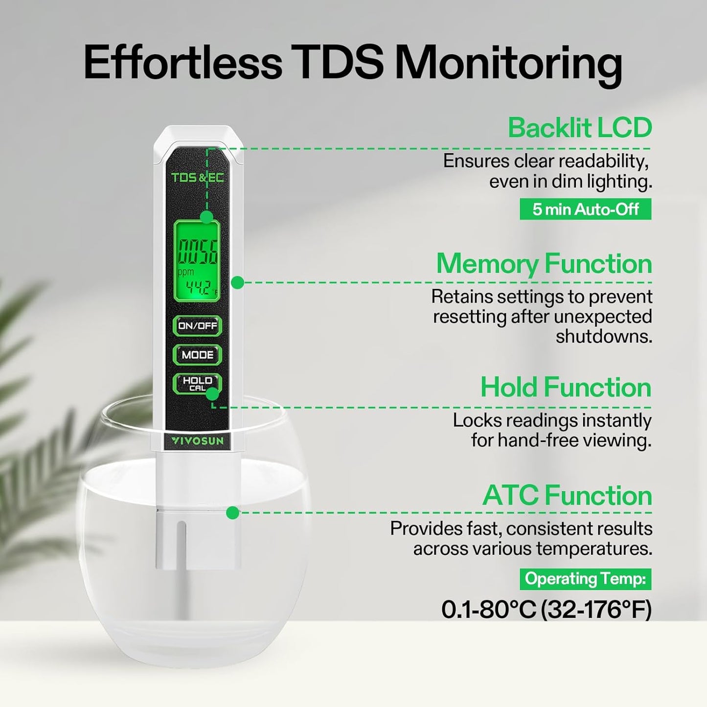 VIVOSUN Digital pH Meter - 3-in-1 TDS, EC & Temperature Tester for Home & Garden | Soil Moisture & Light