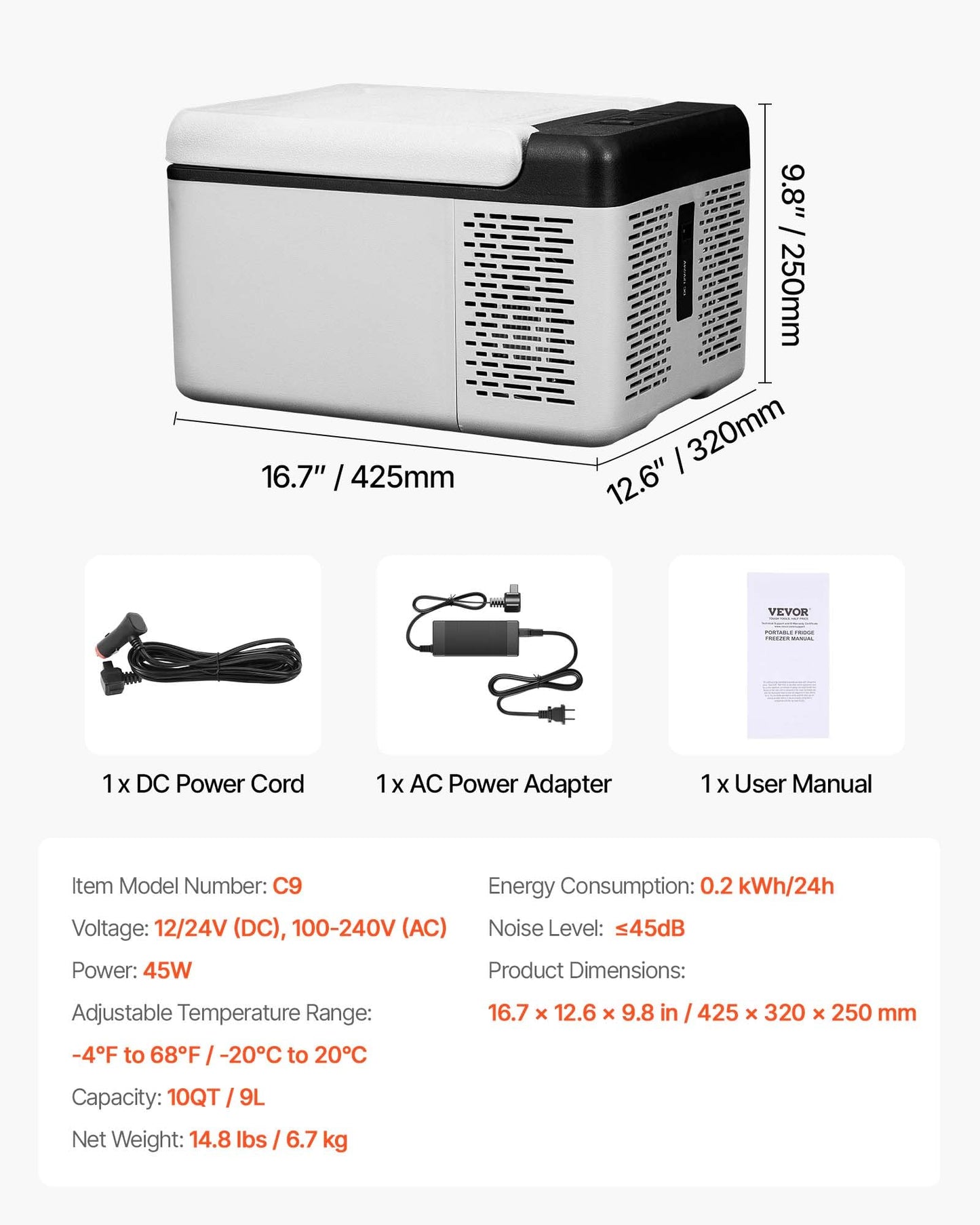 VEVOR 12V Car Refrigerator 10 QT, Portable Mini Freezer with APP Control, -4℉ to 68℉, 12/24V DC & 110-220V AC Compressor Cooler for Travel, Camping, Home, Road Trip