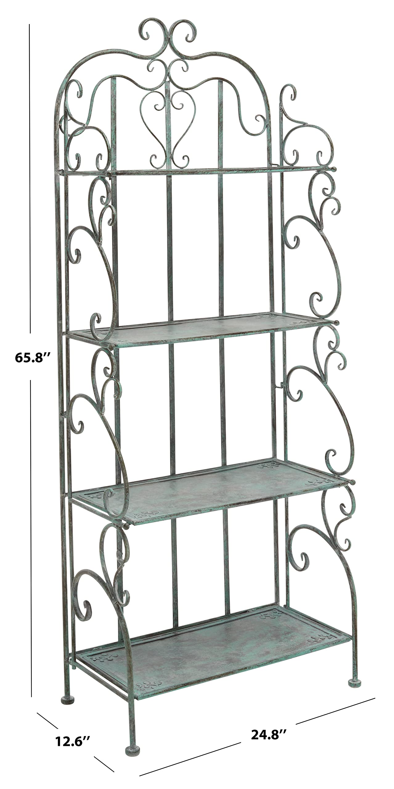 SAFAVIEH Outdoor - Tyrique Antique Dark Green Victorian Wrought Iron 4-Tier Shelf Unit, Metal Plant Stand Baker’s Rack, Decorative Patio Garden Storage, 24.8" W x 12.6" D x 65.8" H (PAT5033D)