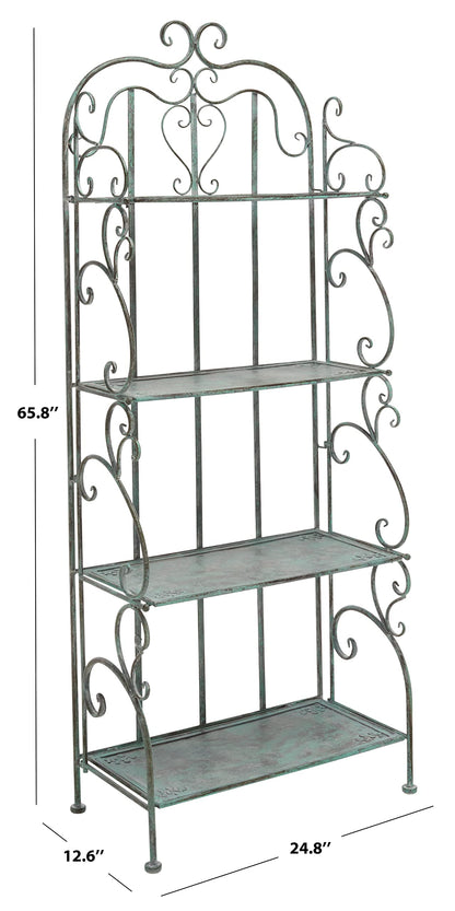 SAFAVIEH Outdoor - Tyrique Antique Dark Green Victorian Wrought Iron 4-Tier Shelf Unit, Metal Plant Stand Baker’s Rack, Decorative Patio Garden Storage, 24.8" W x 12.6" D x 65.8" H (PAT5033D)