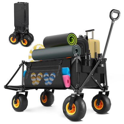 Wheelive Outdoor Wagon with Inflatable All-Terrain Big Wheels,220 LBS Heavy Duty Folding Beach Wagon with Extra Long Extender,Grocery Cart with Cup Holders and Pocket for Groceries, Garden & Camping