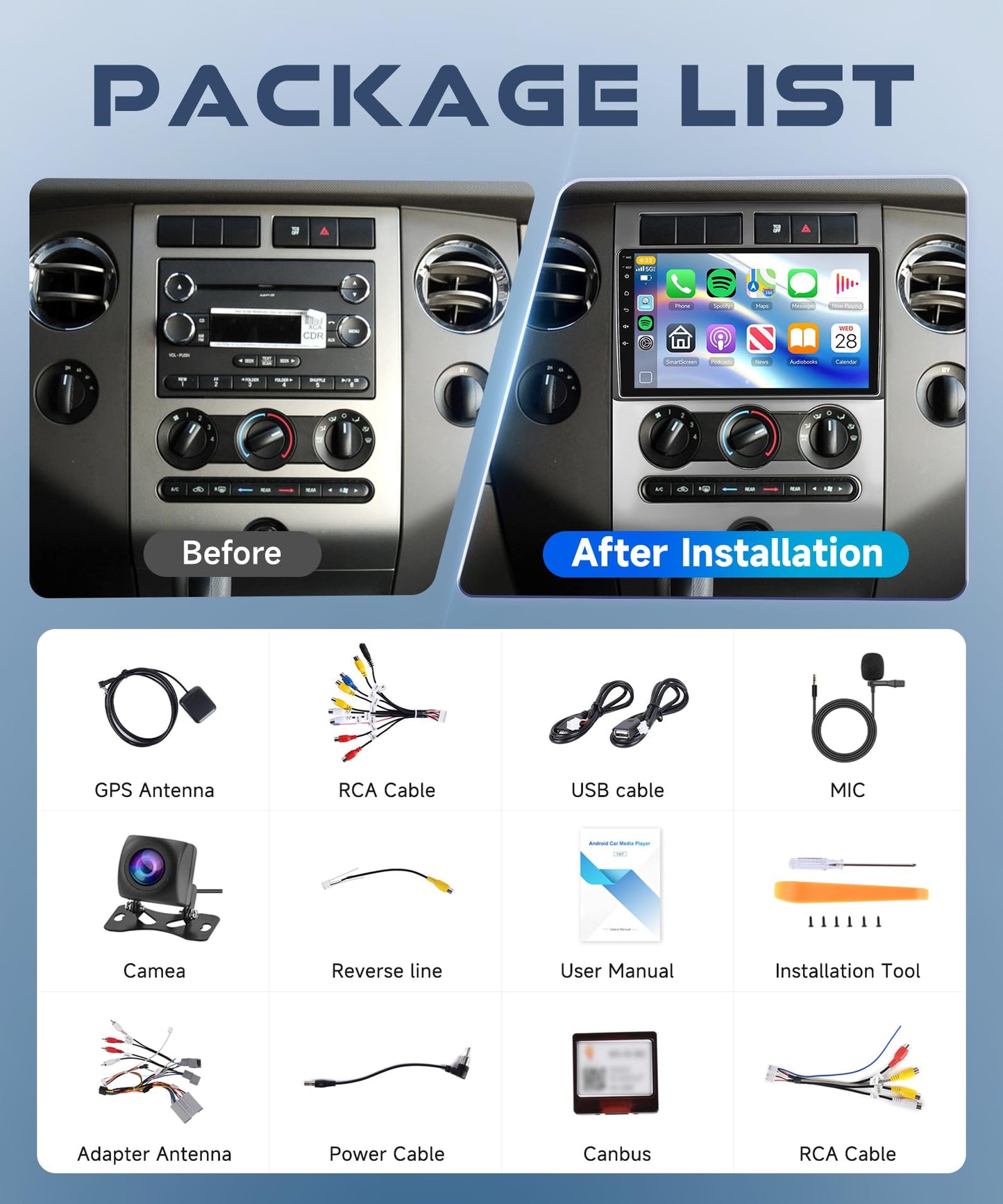 Rimoody 4G+64G Android Car Stereo for Ford Expedition 2007-2014 (Manual A/C) with Wireless Carplay Android Auto Radio, 9'' Touchscreen Head Unit GPS 5G-WiFi Bluetooth FM/RDS EQ-32 Backup Camera SWC