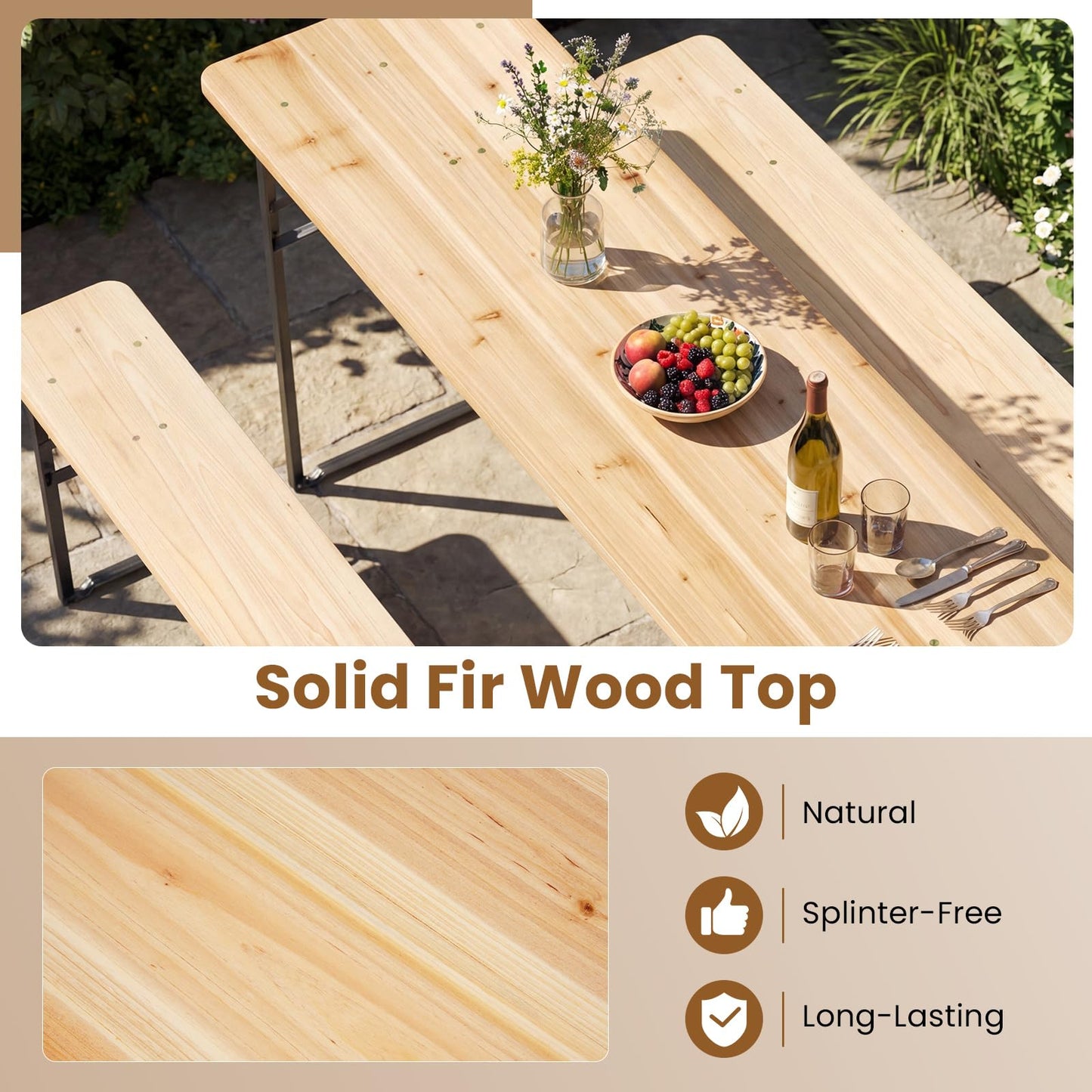 Giantex 70 Inch Folding Picnic Tables with Benches Set, Solid Wood Camping Beer Table Bench Set with Metal Frame, 3-Piece Portable Patio Dining Furniture, Indoor & Outdoor Folding Table and Chairs