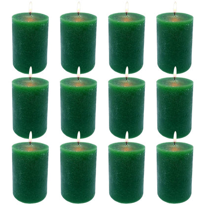 MISSYO 12 Pack 2x3 Inch Green Rustic Pillar Candles, 24 Hours Unscented Column Candles, Dripless and Smokeless Candles for Christmas Home Decor, Wedding, Spell, Parties and Emergency
