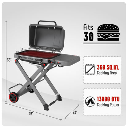 FEASTO Portable Propane Gas Grill 13000 BTUs, 360 Sq. In. Cooking Area with Folding Cart & 4FT Propane Adapter Hose (1lb to 20lb Converter) Bundle for Outdoor BBQ & Camping
