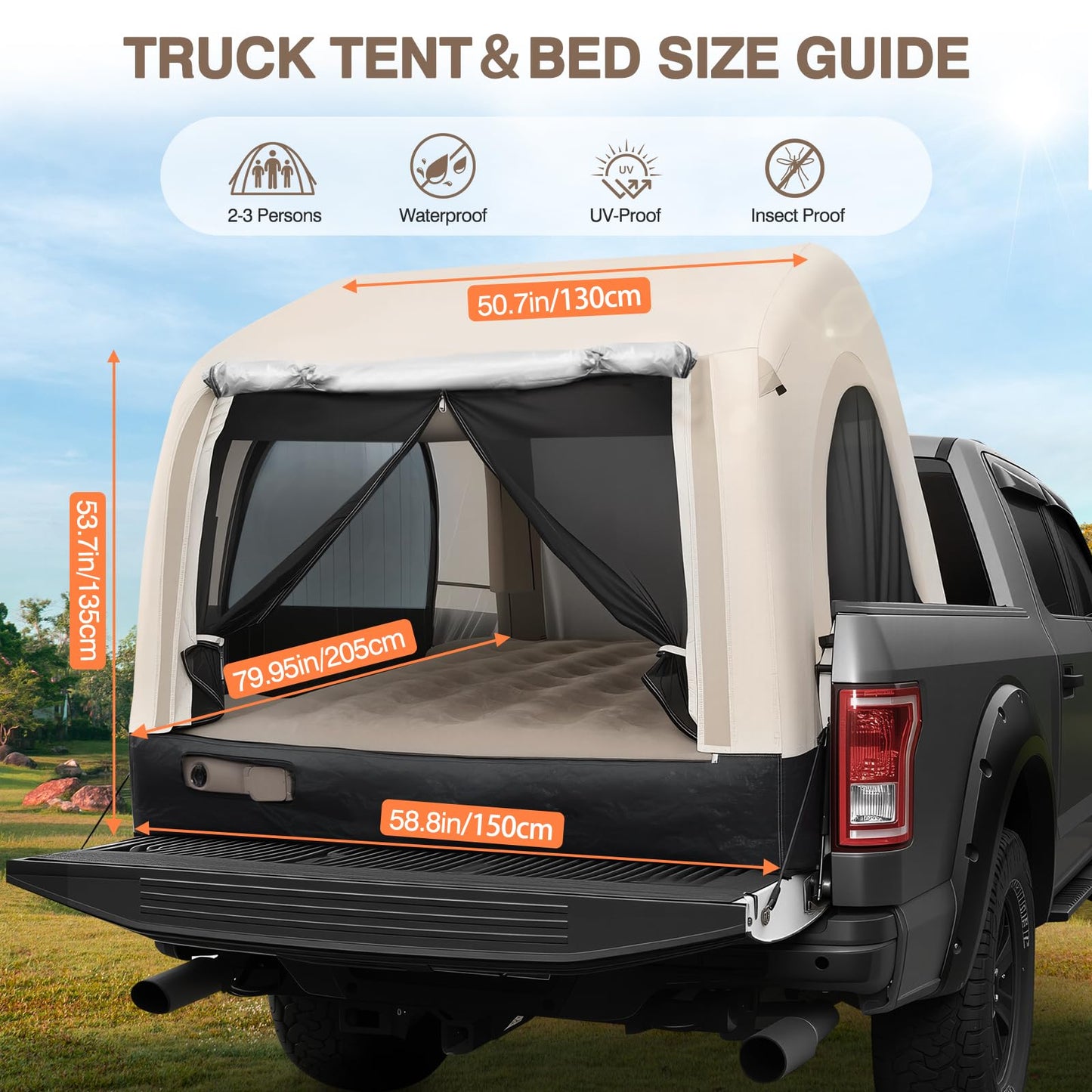 OPL5 Inflatable Truck Bed Tent & Air Mattress, Truck Air Mattress for 5.5-6.5FT, 12'' Height 2-3 Person Fast Setup Ground & Pickup Tent Mattress with Rechargeable Pump for Camping Travel, 600lbs Max