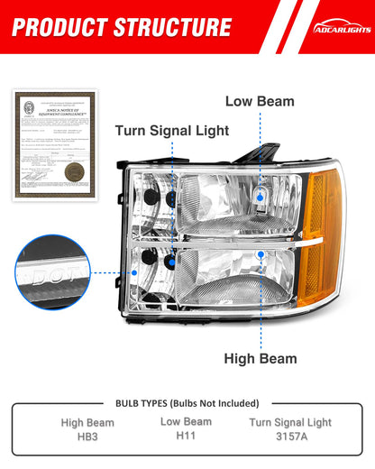 Headlight Assembly compatible with 07-13 GMC Sierra 1500/07-14 GMC Sierra 2500HD 3500HD for 2007-2014 Sierra Headlamp Chrome Housing Headlamp Replacement Driver and Passenger Sides（W/O Bulbs）