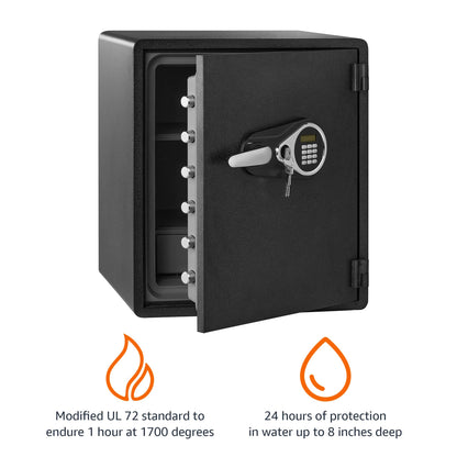 Amazon Basics Fireproof and Waterproof Safe Box with Digital Keypad Electronic Lock, Fire Resistant, Interior Lighting, Removable Shelf, for Home Use, 2.13 Cubic Feet, 24"H x 20.87"W x 19"D, Black