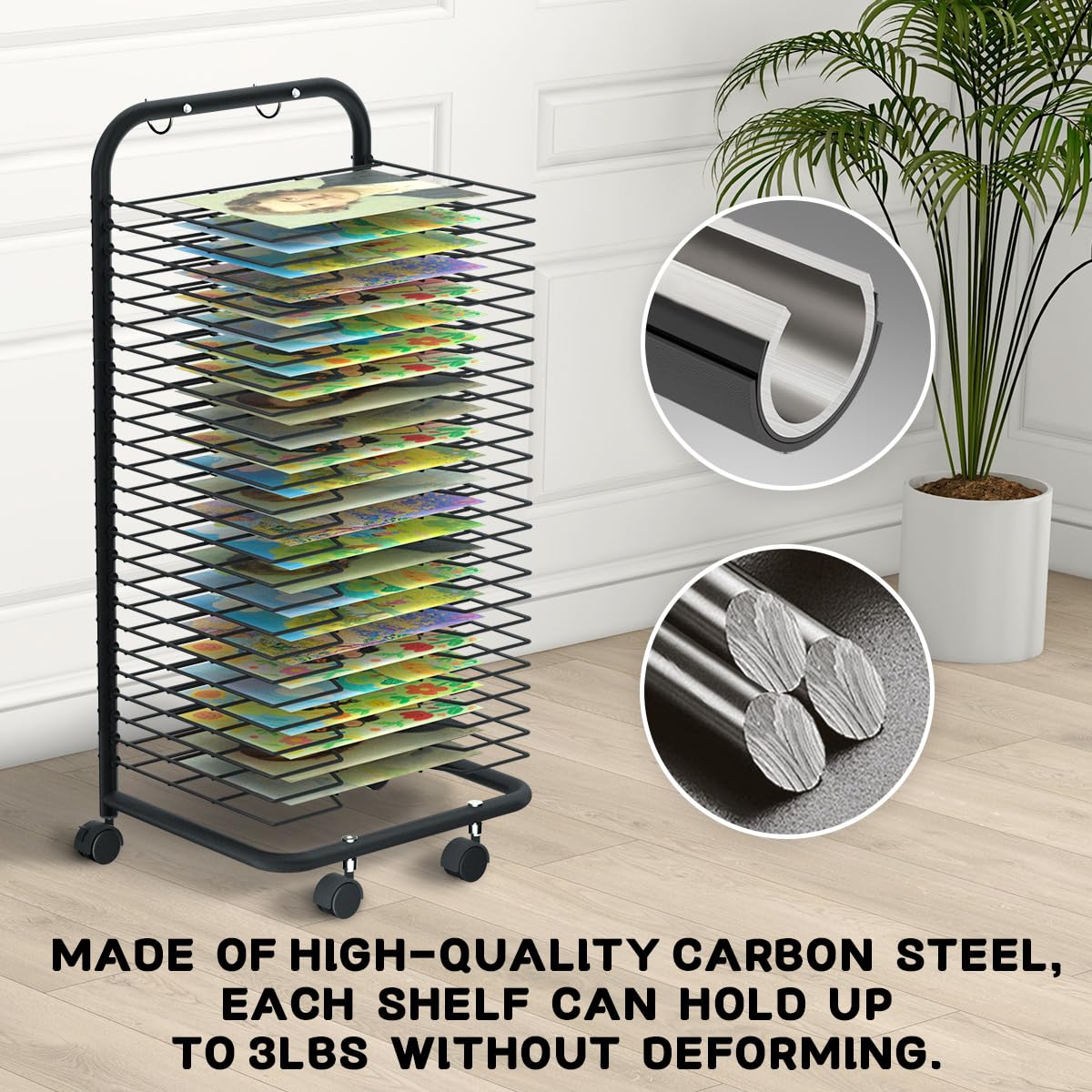 INNOVART 25 Shelves Mobile Art Drying Rack for Classroom & Art Studio, Portable Steel Painting Drying Rack with 4 Wheels, Functional Artwork Display Storage Racks for Classroom, Craft Room, Home