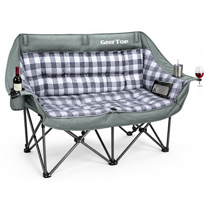 GEERTOP Double Camping Chair for Adults Comfort Suede Padded Loveseat Heavy Duty Oversized 2 Person Camp Chair Sofa with Cup Holders for Outdoor Backyard Lawn BBQ Festival