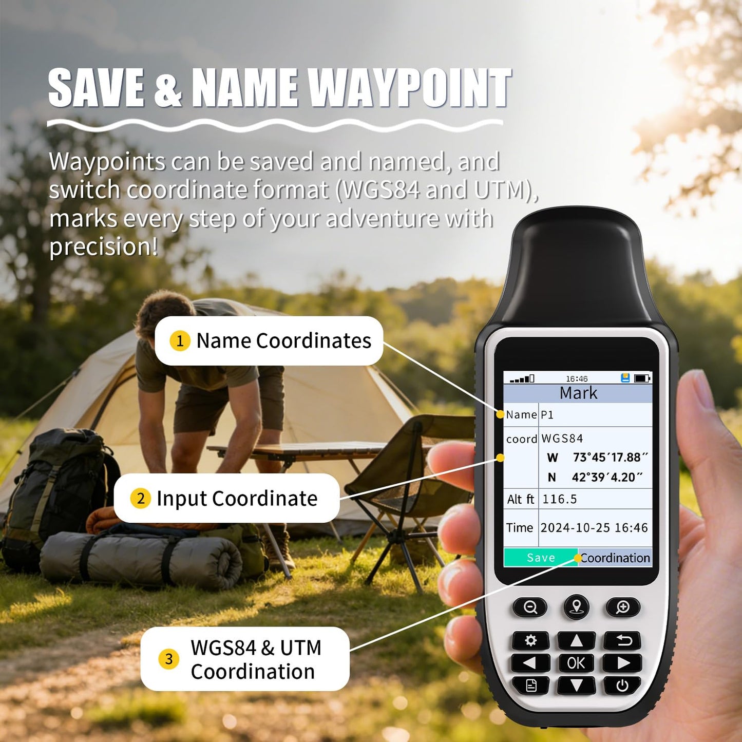 S190 Handheld GPS Navigator, Rugged Handheld GPS for Hiking with 3-Axis Compass, 3.2" Color Display, Handheld GPS with Preloaded USA Topo Maps, 64GB Memory and Extra Battery Life