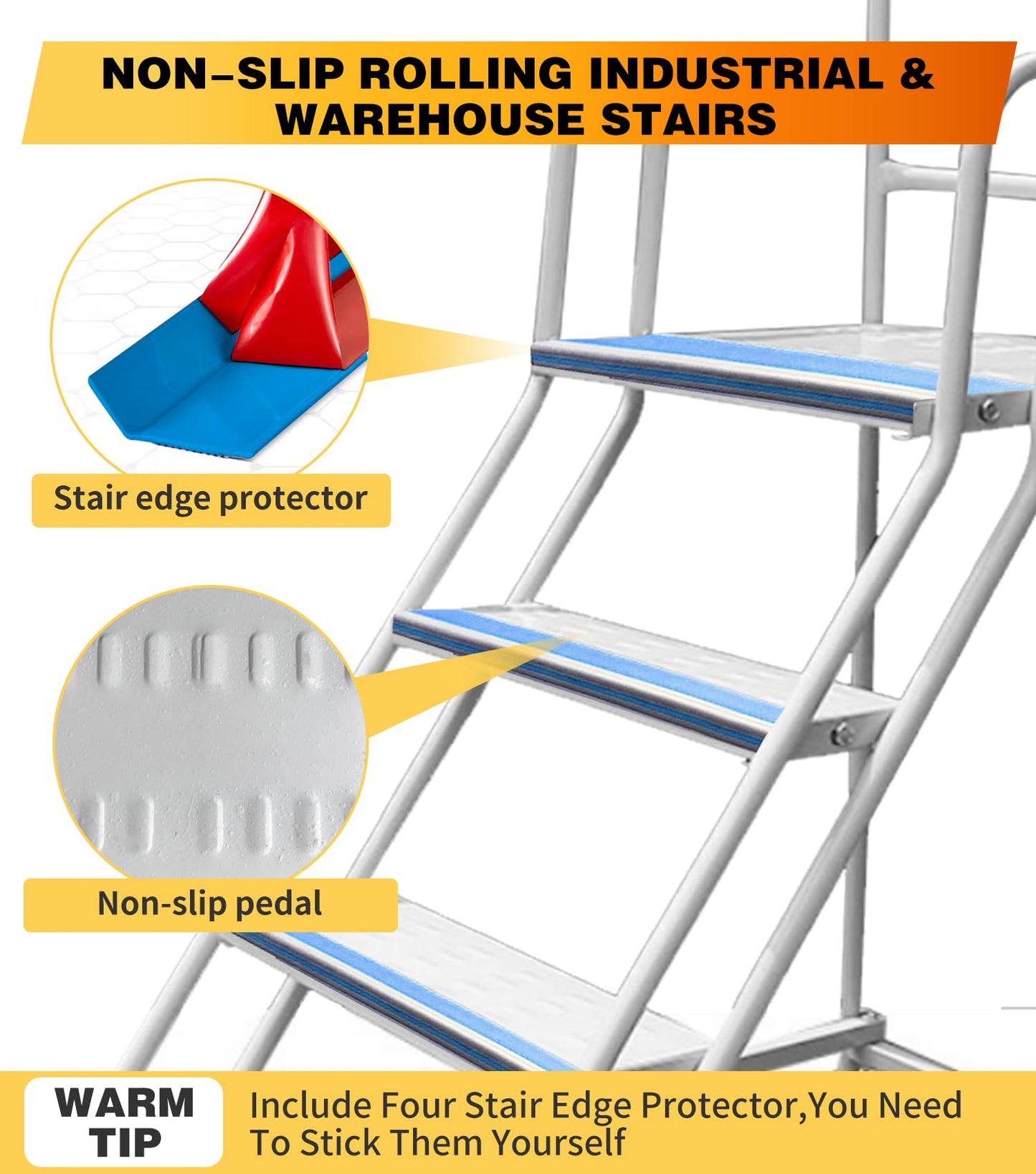 4 Step Rolling Stairs with Wheels, Industrial & Warehouse 4-Step Stairs, Non-Slip Rolling Steps with Stair Edge Protector, Easy to Move Rolling Steps for Goods Shelves, 23.6"x59.1", 445LBs Capacity