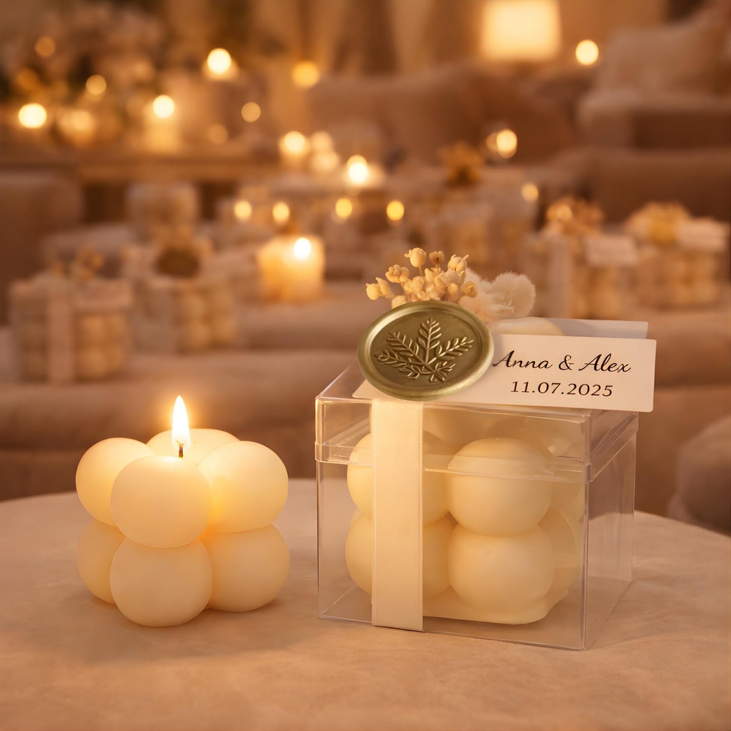 Personalized Bubble Candle Favors with Dried Flowers & Wax Seal – Soy Wax Wedding & Bridal, Baby Shower Bulk Event Gifts (10–200 pcs)