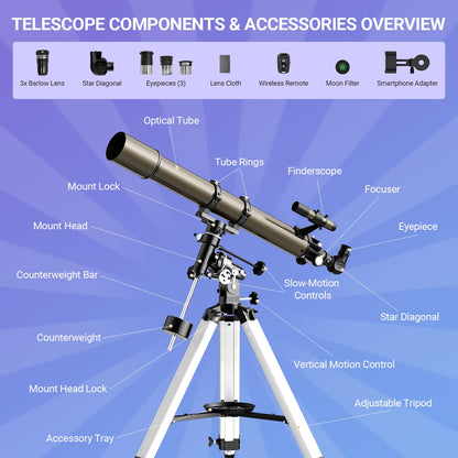 NACATIN Telescope, 90mm EQ Refractor Telescope for Adults & Professionals, High Powered Portable Telescope with Phone Adapter for Astrophotography, Easy Setup Travel Telescope to See Moon,Planet