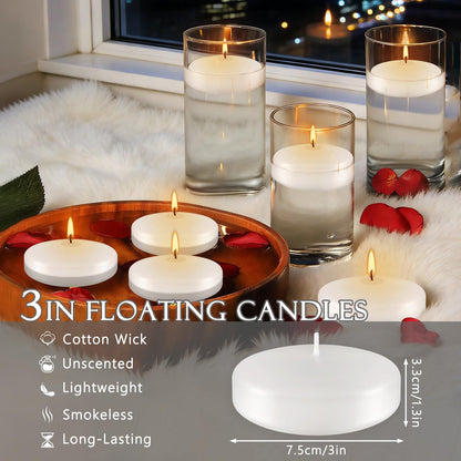 24Pack 3 Inch Unscented White Floating Candles,Long Lasting Burning-Ideal for Home Decor, Weddings, Parties, Pools, Cylindrical Vases, Restaurant and Holidays