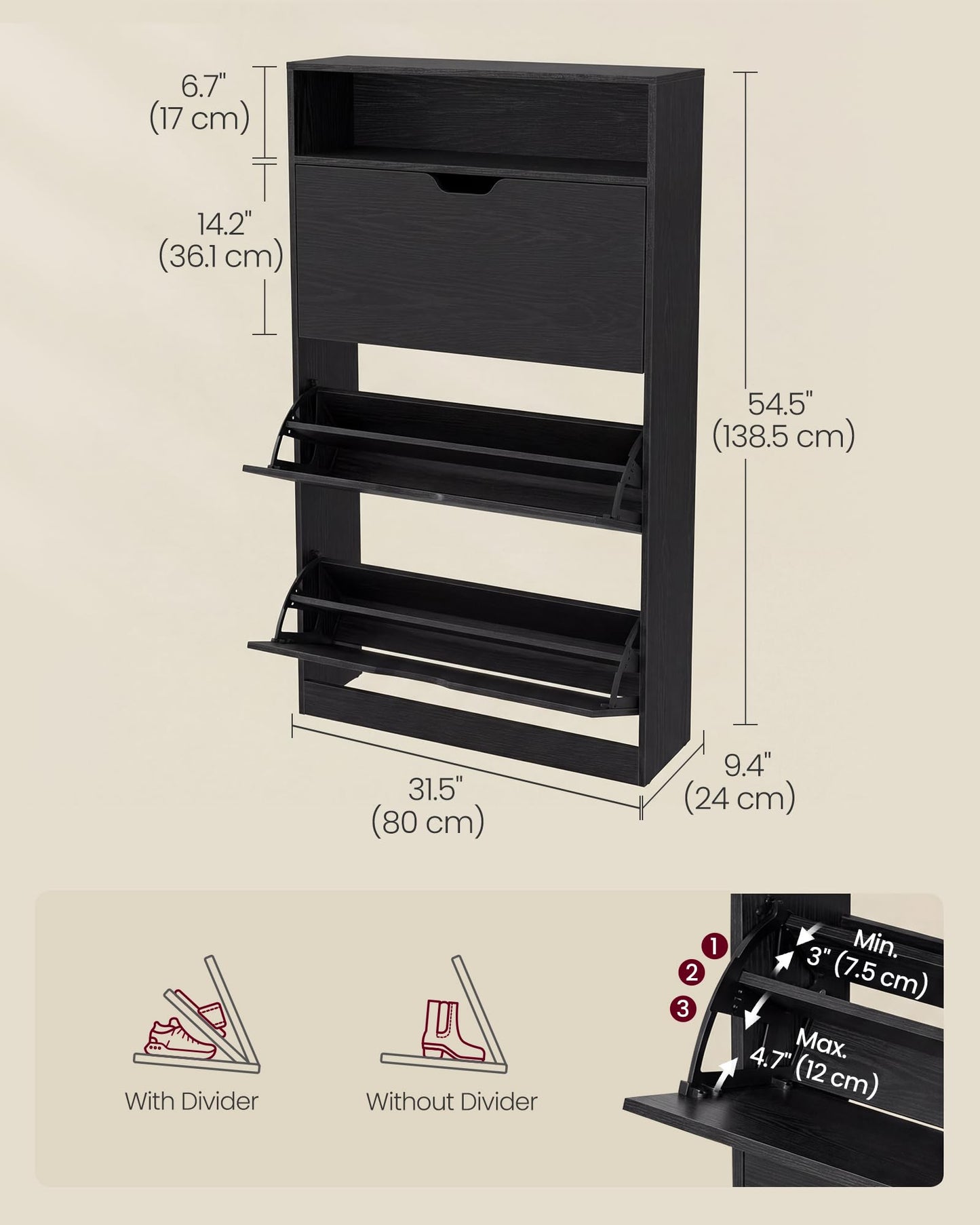 VASAGLE Custos Collection - Shoe Cabinet, Shoe Organizer, Open Compartment, Adjustable and Removable Dividers, 3 Flip Drawers, 9.4 x 31.5 x 54.5 Inches, for 21-24 Pairs, Ebony Black ULBC043BC01