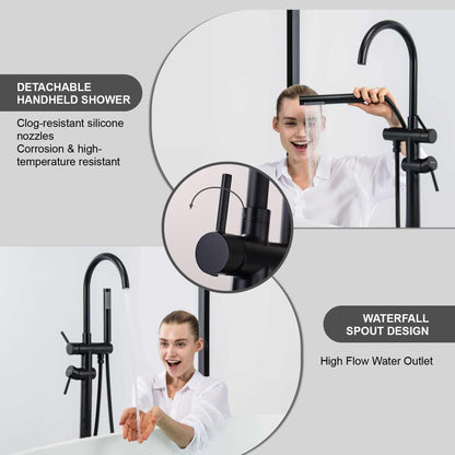 Taplong Matte Black Freestanding Tub Filler Faucet, Floor Mount Bathtub Faucet with Single Handle Handheld Shower, High Flow Bathroom Tub Faucet-51005B
