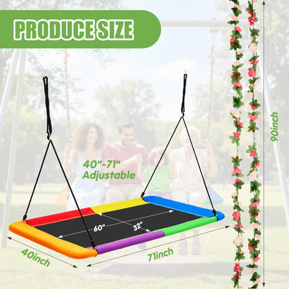 Arrowbash 70" x 40'' Extra Large Platform Tree Swing 800lbs Heavy Duty for Adults with 2 Artificial Flower Garland and Adjustable Straps Waterproof Rectangle Swing for Gift Outdoor Game