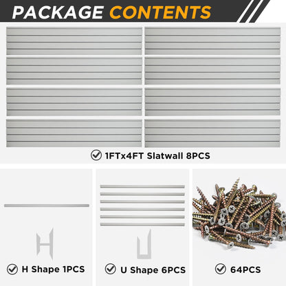 4'x8' Slatwall Panel Garage Storage System, PVC Slat Wall Paneling, Heavy Duty Wall Mount Slatwall Organizer for Garage Tool Organization, Retail Display, Guitar Shop & Home Wall Storage, Grey