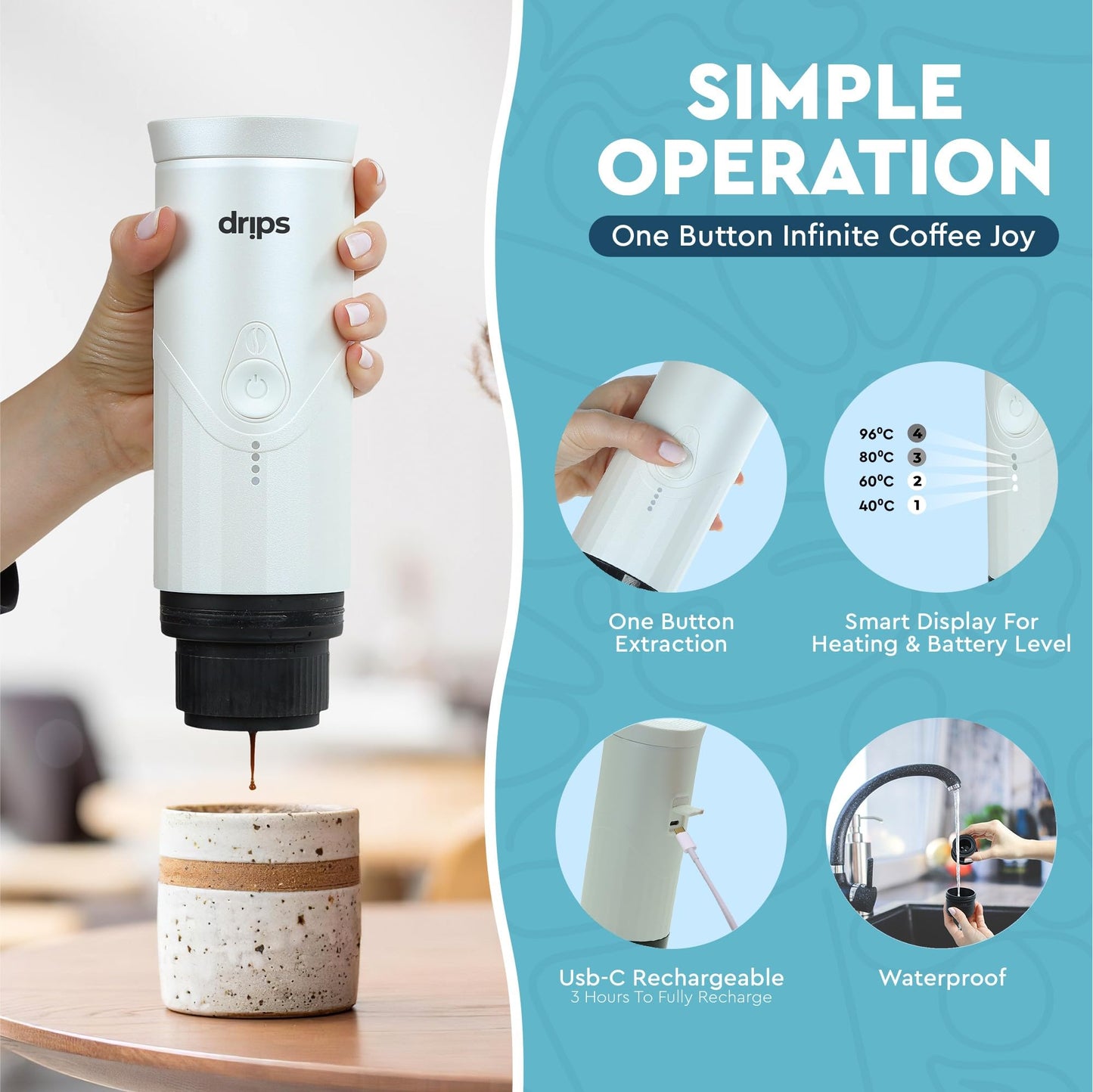drips Portable Electric Espresso Machine with 3-4 Minute Self-Heating, 20 Bar Mini Coffee Maker Compatible with NS Capsule & Ground Coffee for Camping, Travel, Hiking, Office (Matte Black)