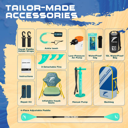 TIDETREK 11'/11'6" x 33"/34" x 6" Inflatable SUP Paddle Board – Extra-Wide, Stable Stand Up Paddle Board with Premium Full Accessory Set for Adults & Youth (Ocean Spirit/Kayak Seat, 11'x33 x6)