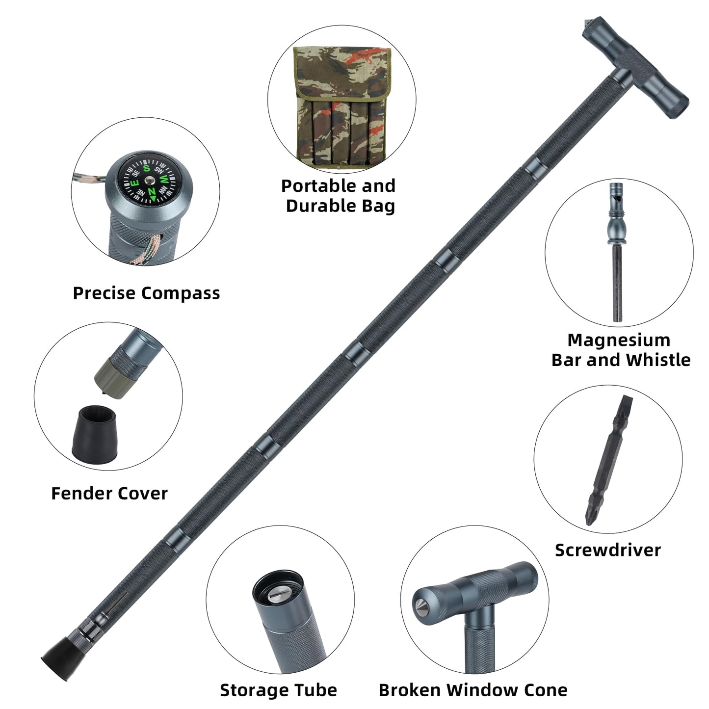 aiGear H3 Survival Walking Stick – Upgraded Hiking Staff with Straight & T-Style Grips, Multitool with Fire Starter, Compass, Whistle – Adjustable Trekking Pole for Camping & Self Defense