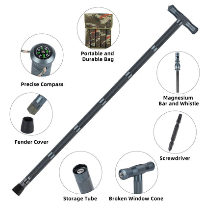 aiGear H3 Survival Walking Stick – Upgraded Hiking Staff with Straight & T-Style Grips, Multitool with Fire Starter, Compass, Whistle – Adjustable Trekking Pole for Camping & Self Defense