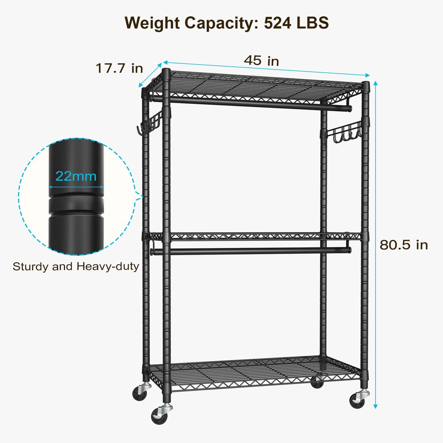 FUTASSI P1 Plus Rolling Clothes Rack, 22mm Diameter Heavy Duty Garment Rack with Wheels, Portable Closet Wardrobe with Double Rods, 45" W x 17.7" D x 80.5" H, Max Load 524 LBS, Black