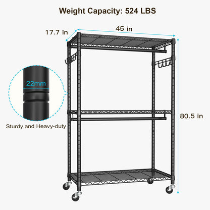 FUTASSI P1 Plus Rolling Clothes Rack, 22mm Diameter Heavy Duty Garment Rack with Wheels, Portable Closet Wardrobe with Double Rods, 45" W x 17.7" D x 80.5" H, Max Load 524 LBS, Black