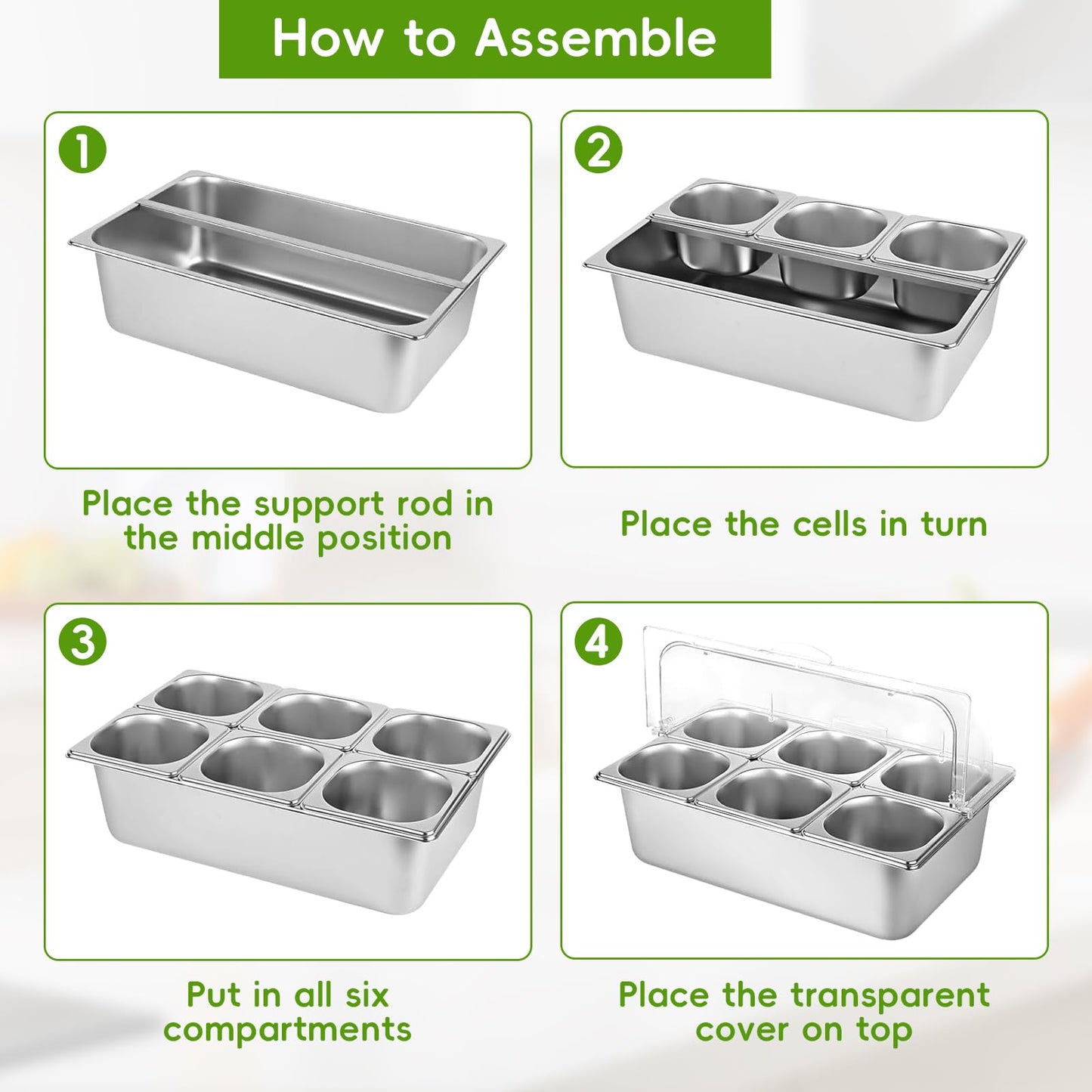 Countertop Food Serving Display Container with Clear Roll Top Cover, Stainless Steel Buffet Food Serving Tray, Condiment Serving Container Dispenser for Restaurant Kitchen Party(6 Compartments)