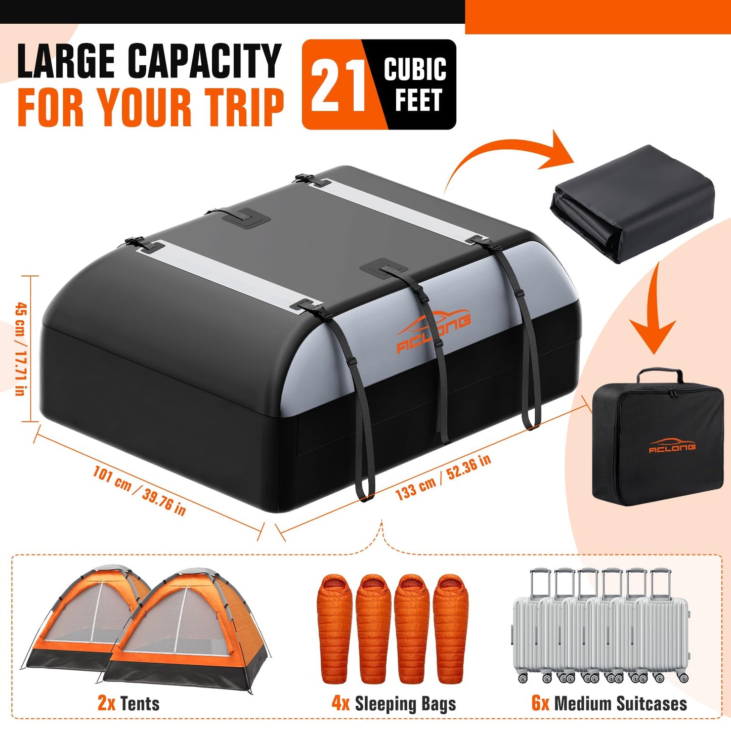 ACLONG 21 Cubic Feet Rooftop Cargo Carrier Bag, 840D Waterproof Car Roof Bag for Cars with/Without Racks, Heavy Duty Roof Top Cargo Bag with Anti-Slip Mat, 6 Door Hooks, Storage Bag & Lock