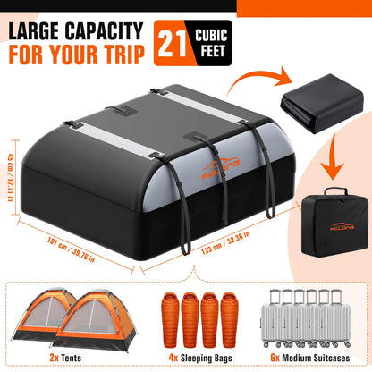 ACLONG 21 Cubic Feet Rooftop Cargo Carrier Bag, 840D Waterproof Car Roof Bag for Cars with/Without Racks, Heavy Duty Roof Top Cargo Bag with Anti-Slip Mat, 6 Door Hooks, Storage Bag & Lock