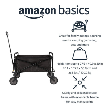 Amazon Basics Collapsible Heavy Duty Utility Wagon for Outdoor Sports, Camping, Garden, and Shopping, 265 Pounds Capacity, 27.6 x 40.9 x 20 inches, Black