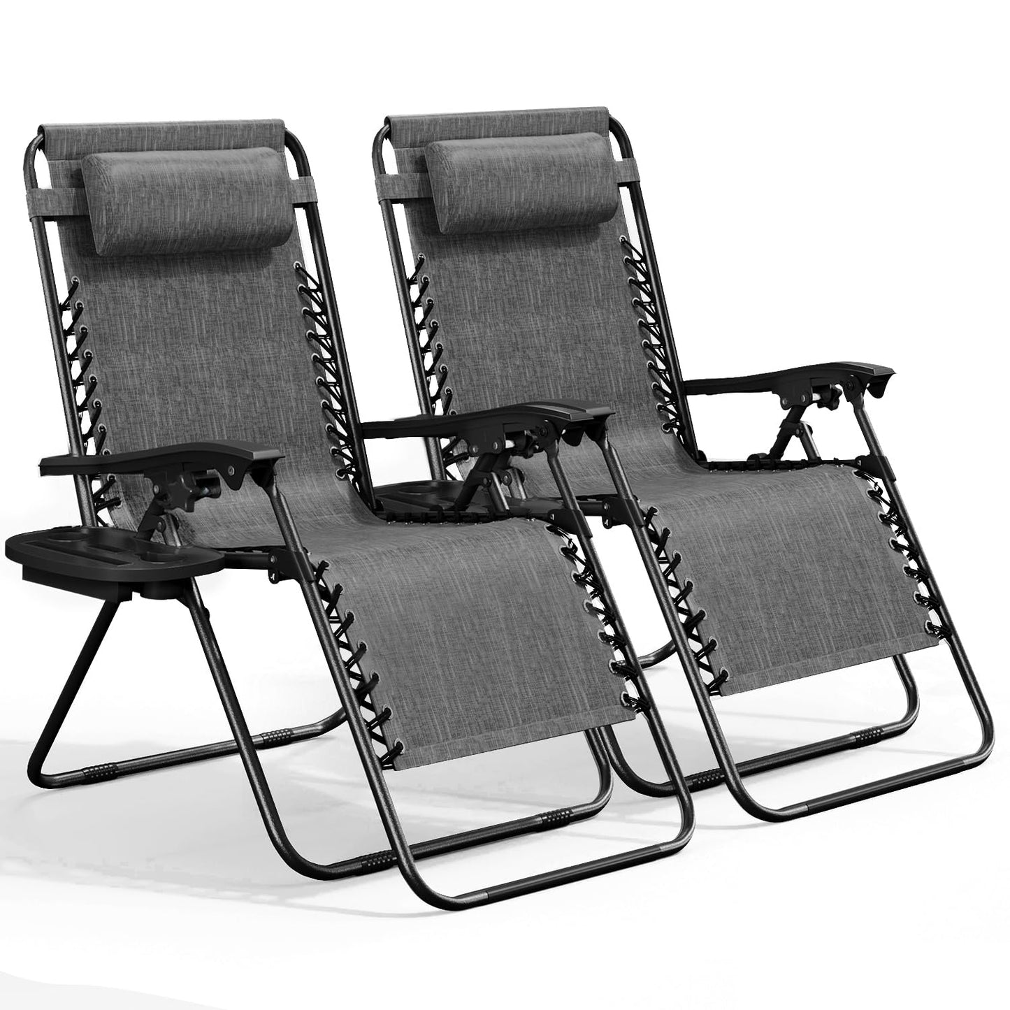 Nestl Zero Gravity Chairs Set of 2, Patio Lounge Chair Outdoor with Pillows & Cup Holder Trays, Adjustable Steel Mesh Reclining Camping Chair, Folding Patio Lawn Chair for Deck, Beach, Yard - Grey