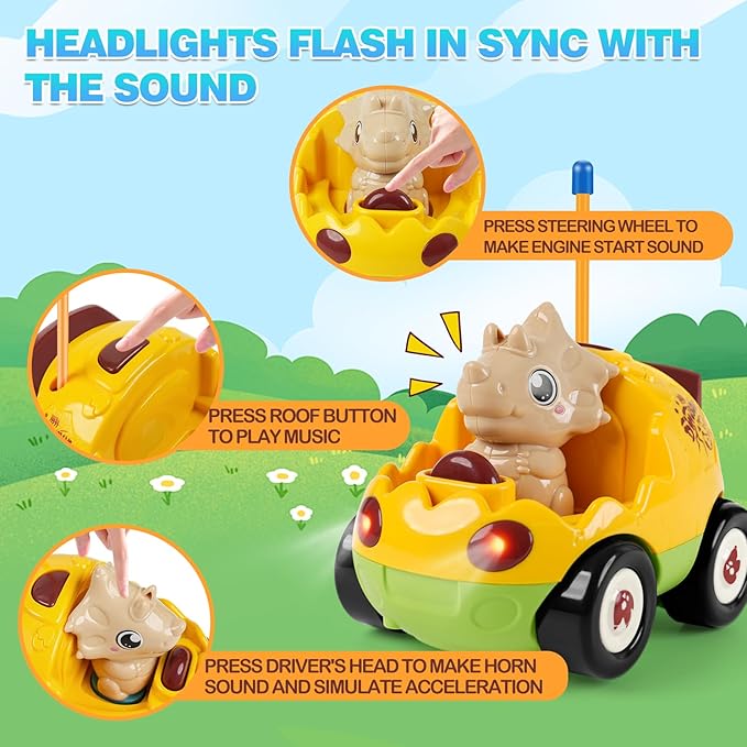 Remote Control Dinosaur Car Toy for Toddlers - Birthday Gift for Boys Ages 18+ Months 2 3 4 5 Year Old - RC Dino Vehicle with Lights and Music Easy Control Toy for Kids