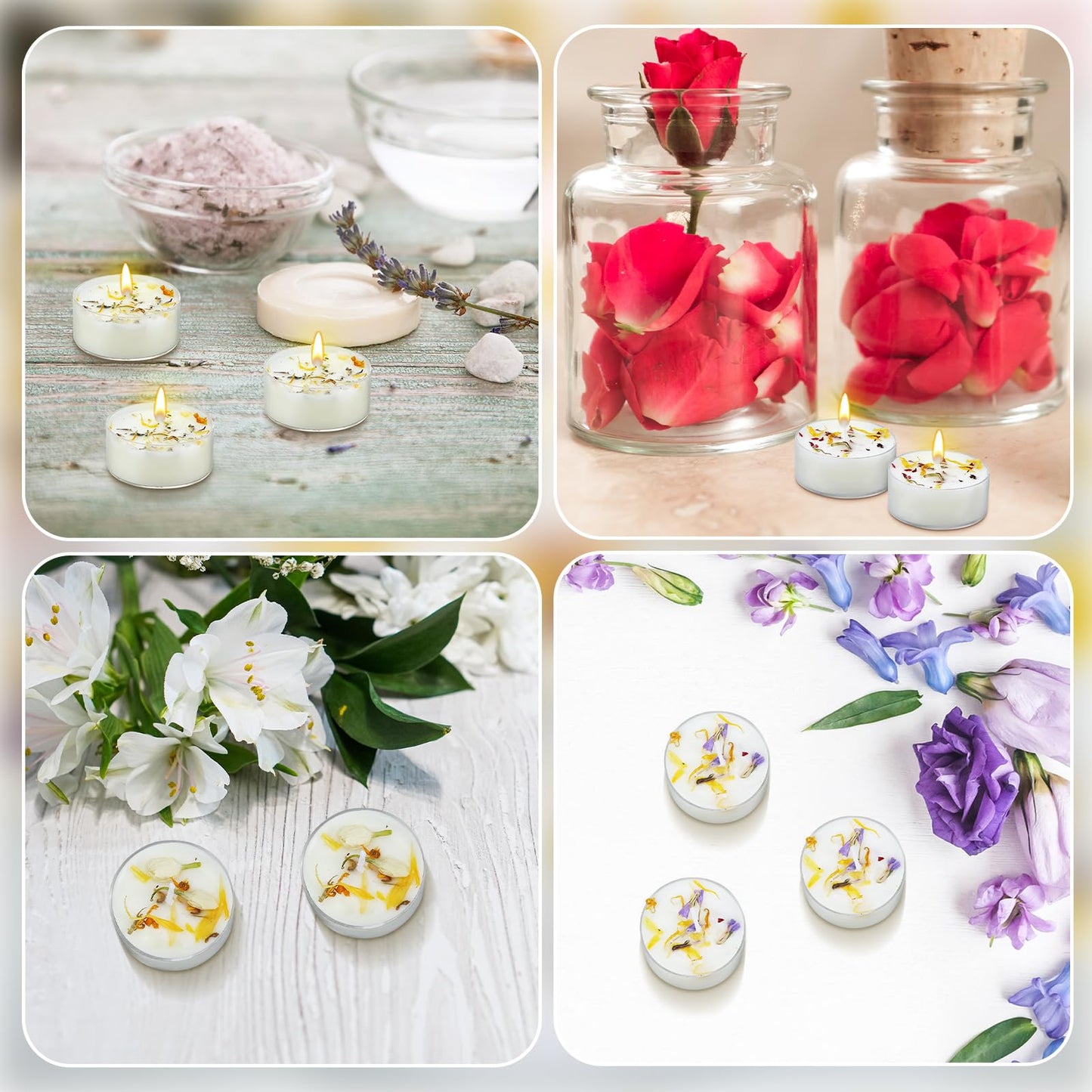 Honoson 12 Pcs Scented Tealights Dried Flower Candles Wedding Bridesmaid Gift 4 Floral Scents Jasmine Lavender Rose and Globe Purple 8-Hour Smokeless Tealight Candles for Wedding Bridal Shower Spa