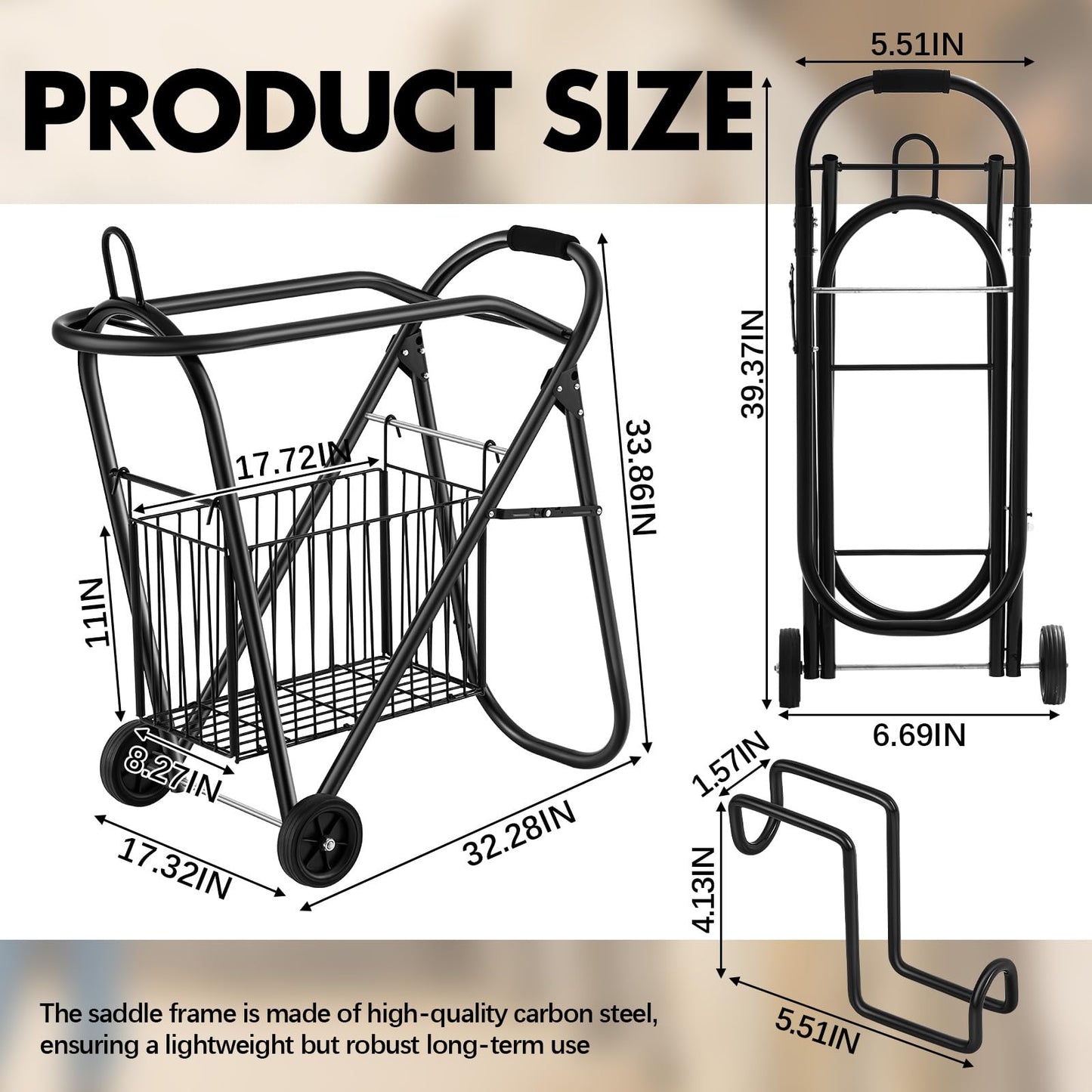 Kritkin Horse Saddle Tack Cart with Wheels, Rolling Iron Heavy Duty Trailer Organizer with Hooks Foldable Horse Cinch Equipments Stable Storage Tool for Saddle Moving Transport Organizer Supplies
