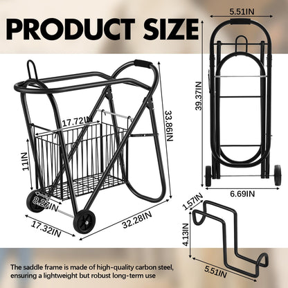 Kritkin Horse Saddle Tack Cart with Wheels, Rolling Iron Heavy Duty Trailer Organizer with Hooks Foldable Horse Cinch Equipments Stable Storage Tool for Saddle Moving Transport Organizer Supplies