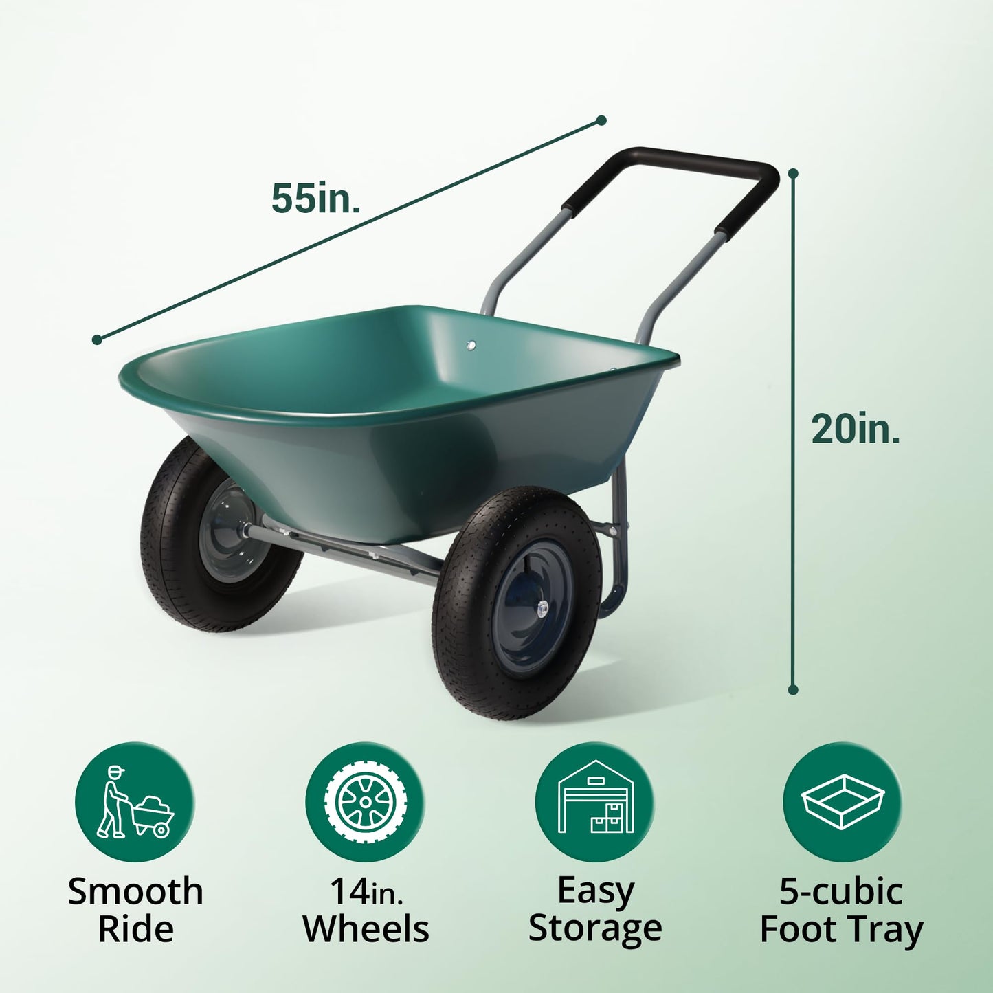 Idzo 2-Wheel Heavy-Duty Wheelbarrow Cart, 330 lb Capacity, Ergonomic Padded Handle and 14 Inch Pneumatic Tires for Maximum Stability, Ideal Wagon for Moving Soil, Shrubs, Plants, Easy Assembly